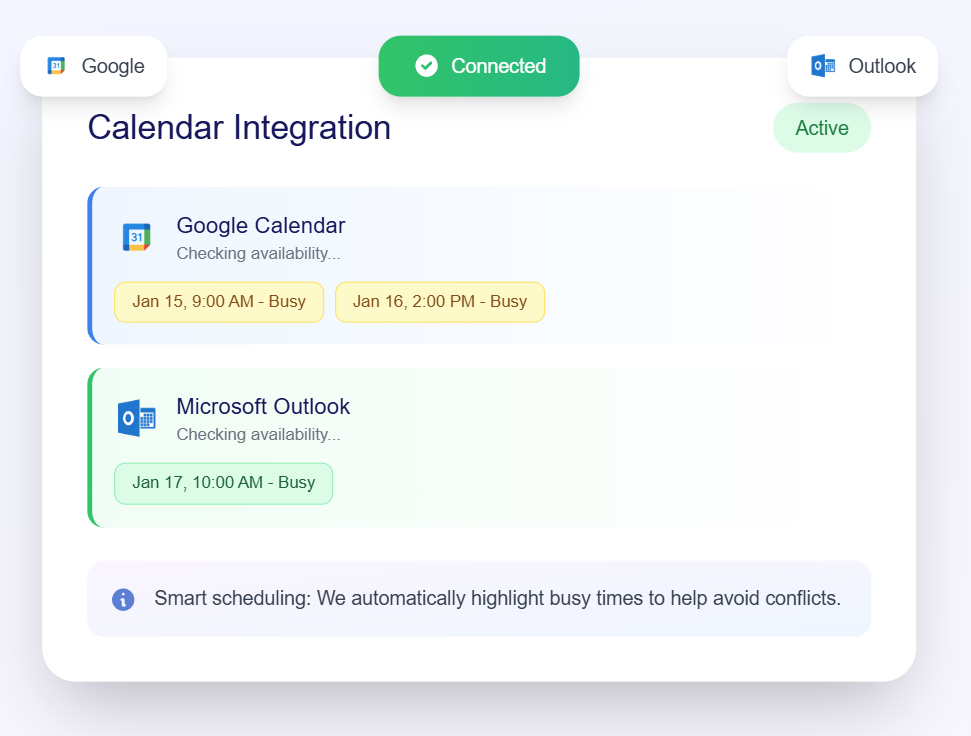 Calendar integration with Google Calendar and Outlook
