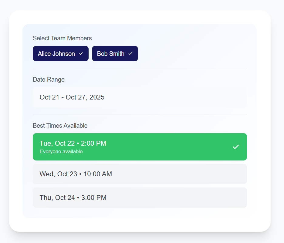Team scheduler showing optimal meeting times across timezones